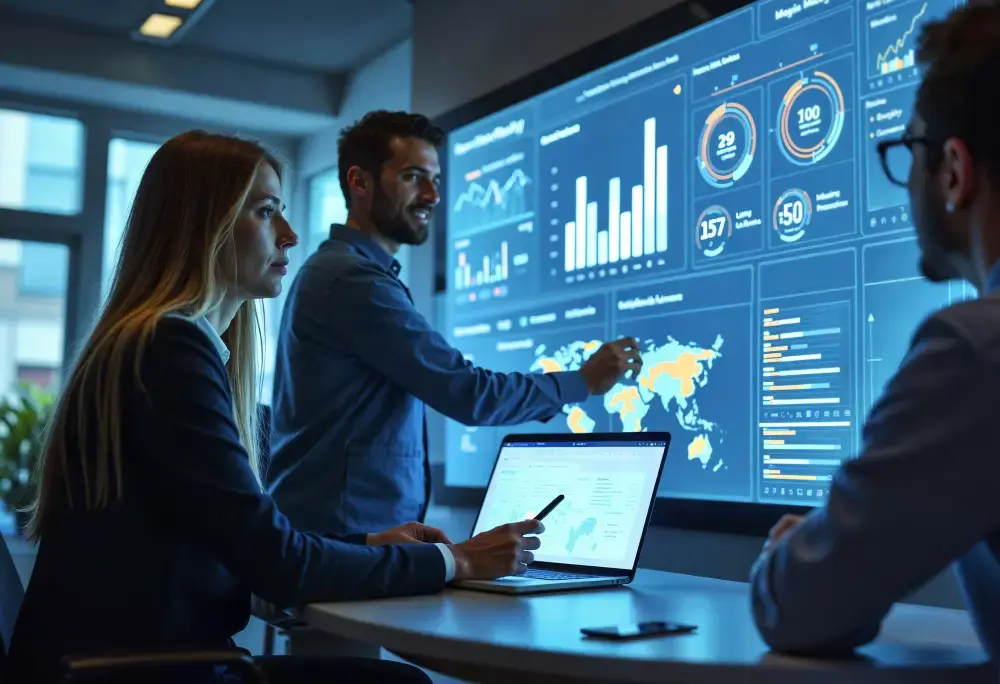 3 colaboradores de uma empresa de tecnologia alisando dados em um dashboard